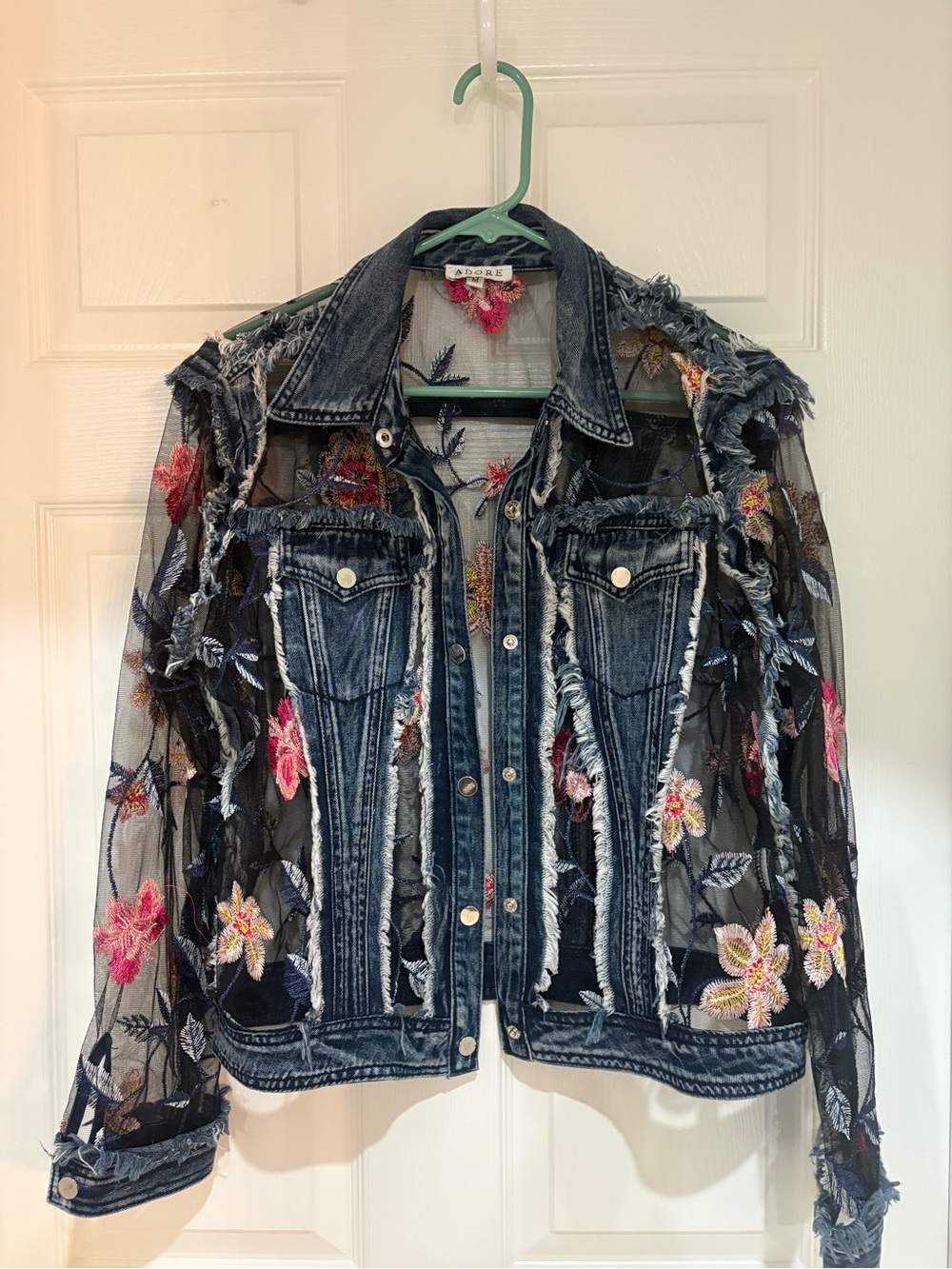 ADORE Floral Embroidered Sheer Mesh Distressed Denim Jacket M